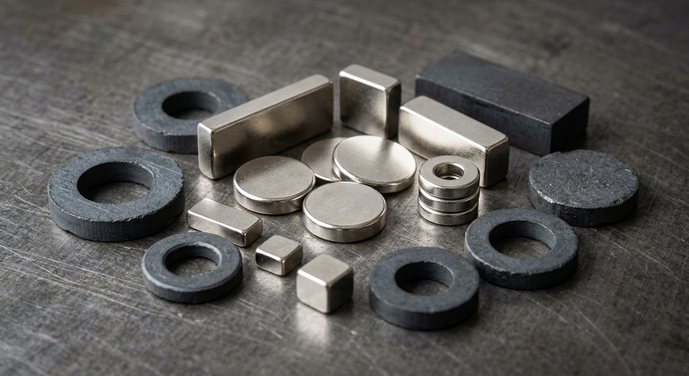 Ferrite and rare-earth magnets on a dark metal surface