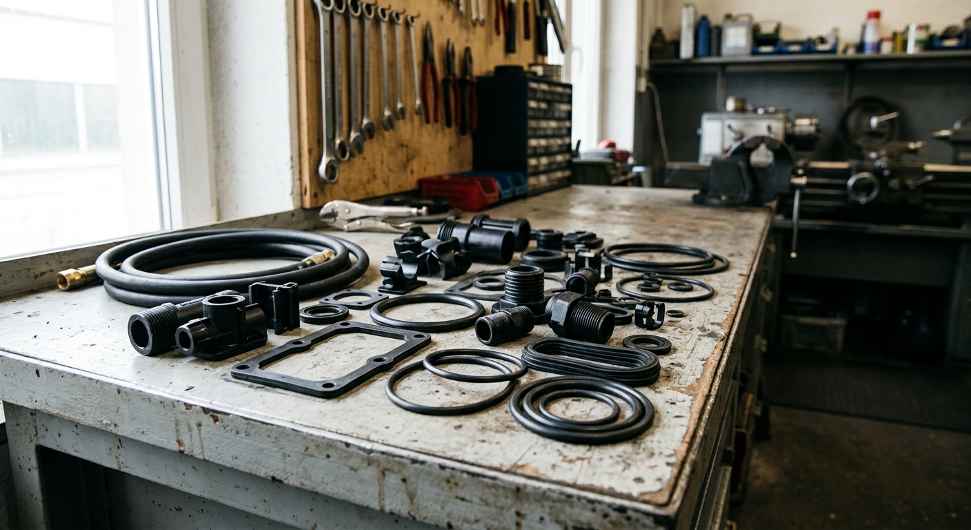 Industrial moulded plastic and rubber parts on a workshop bench